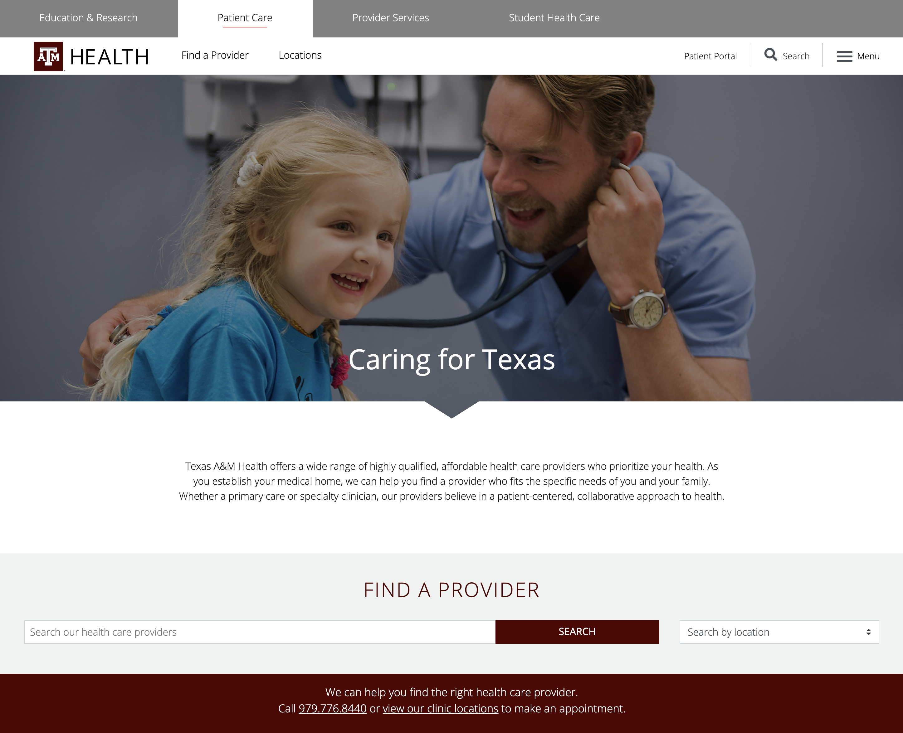Screenshot of redesigned Texas A&M Health website